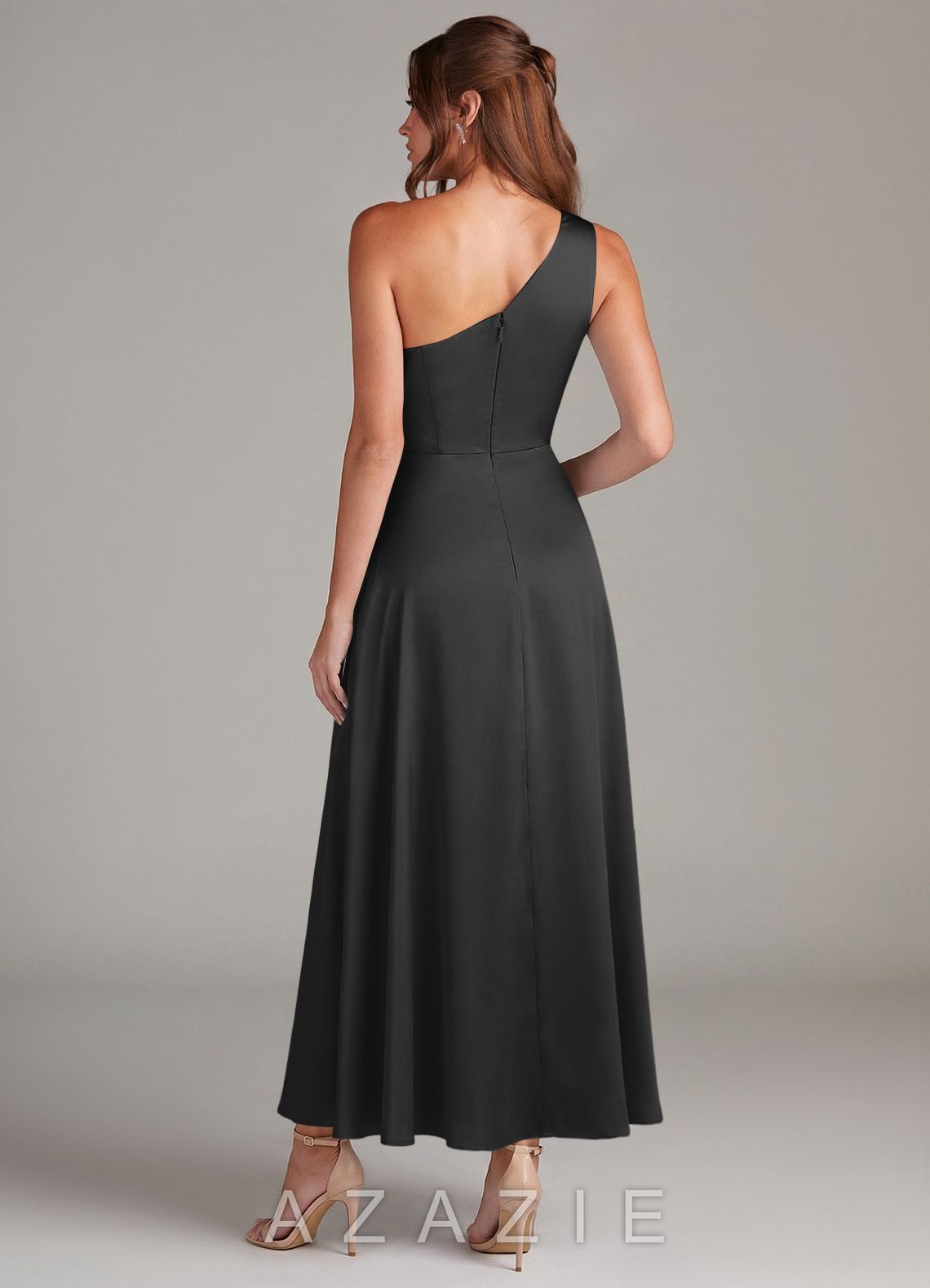 Azazie Brooke Black A-Line One Shoulder Stretch Satin Dress black