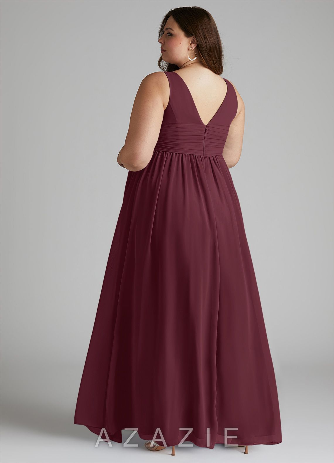 Azazie Yetta A-Line V-Neck Gathered Chiffon Floor-Length Dress