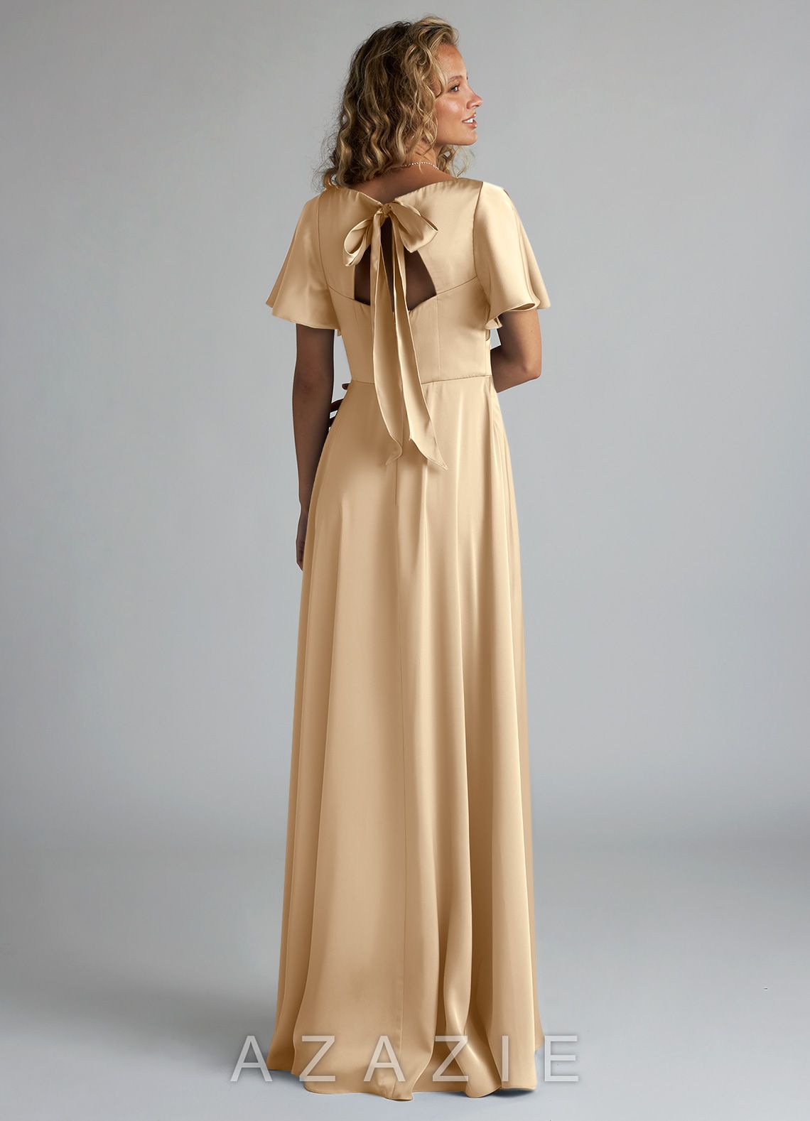 Azazie Kimber Champagne A-Line Ruched Stretch Satin Dress champagne
