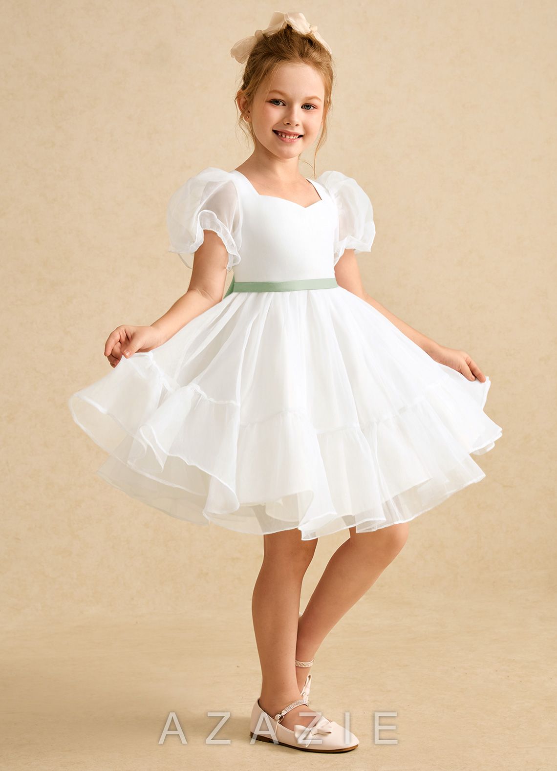 Azazie Debbie Ivory Dusty Sage Ball-Gown Sweetheart Neckline Organza Dress ivory/dusty_sage