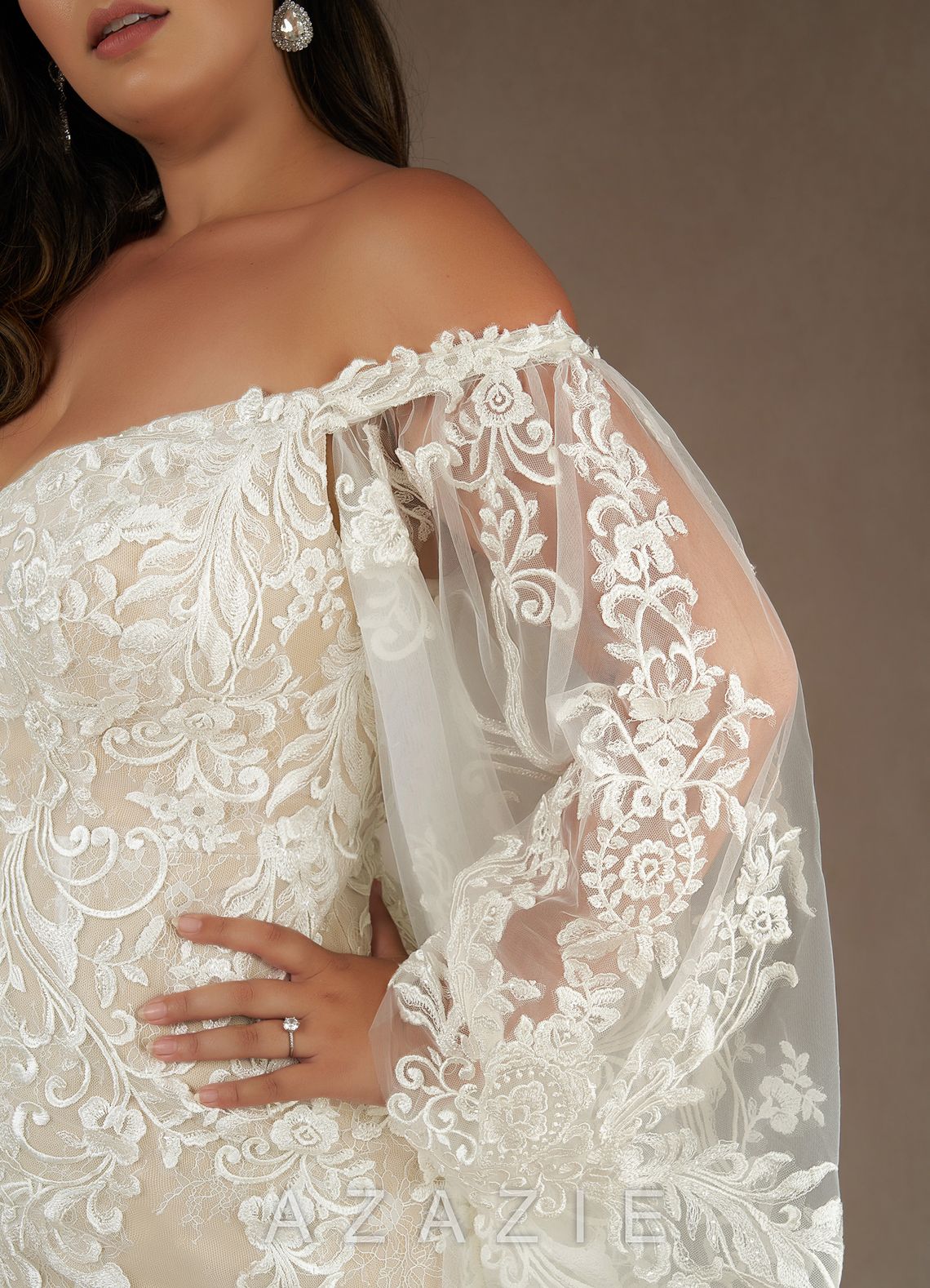 Azazie Memphis Wedding Dress Diamond White Nude Mermaid V-Neck Sequins Lace Dress diamond_white/nude
