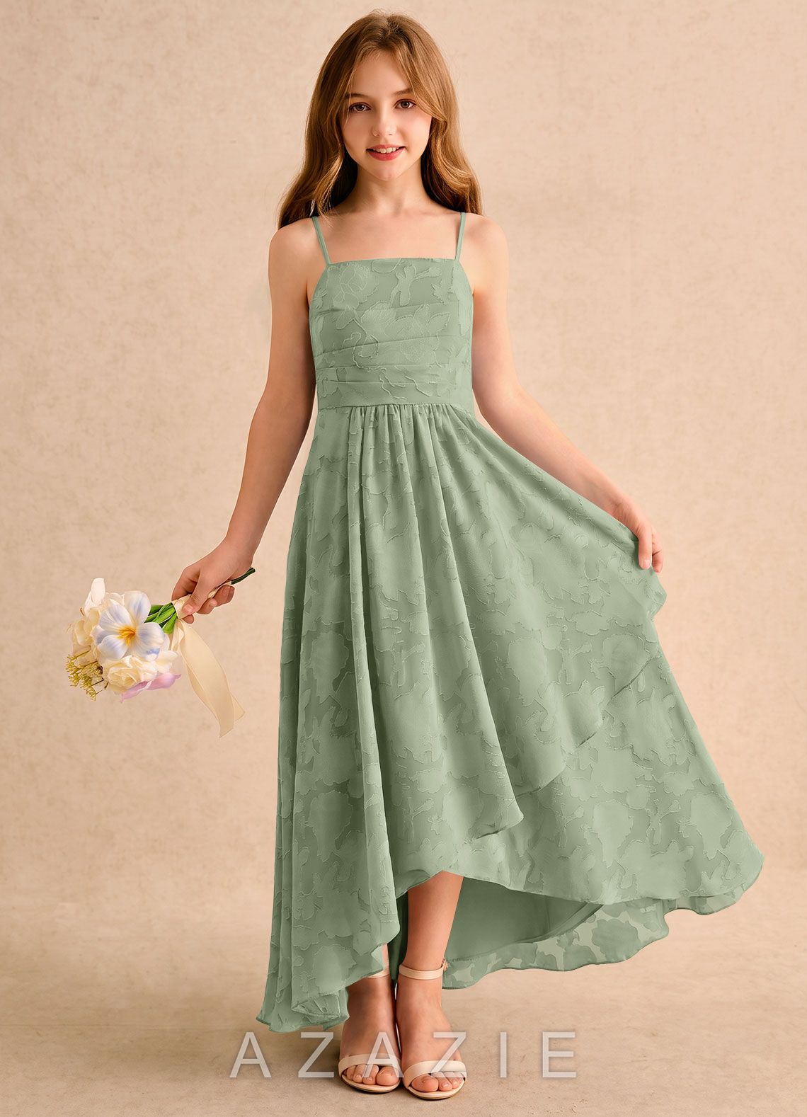 Azazie Twilight Girls Formal Dusty Sage A-Line Pleated Floral Burnout Dress