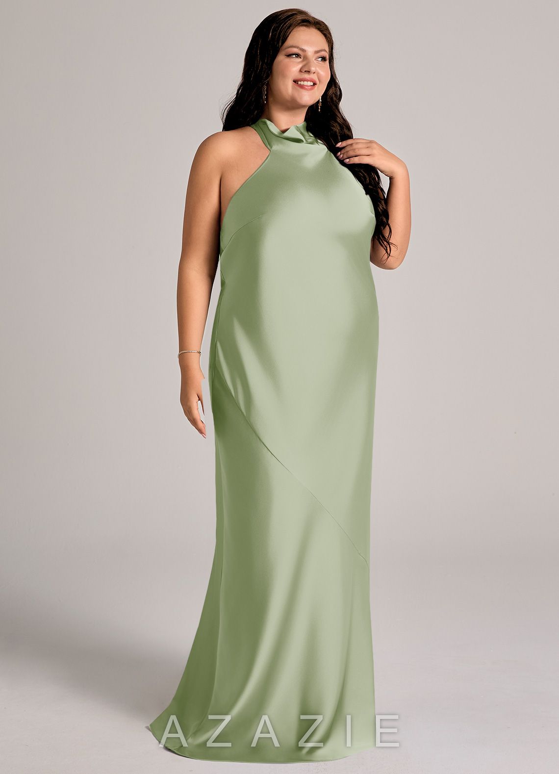 Azazie Velli Dusty Sage Mermaid High Neck Stretch Satin Dress dusty_sage