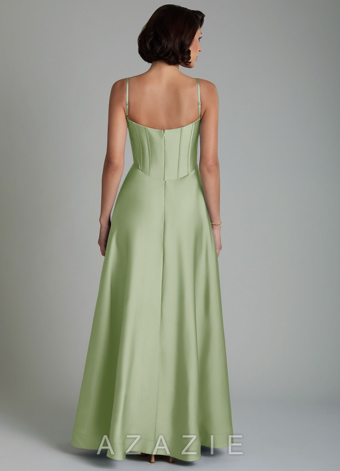 Azazie Nona Dusty Sage A-Line Pleated Stretch Satin Dress dusty_sage