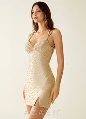 Ophelie Champagne Stretch Satin V-neck Beading Corset Mini Dress