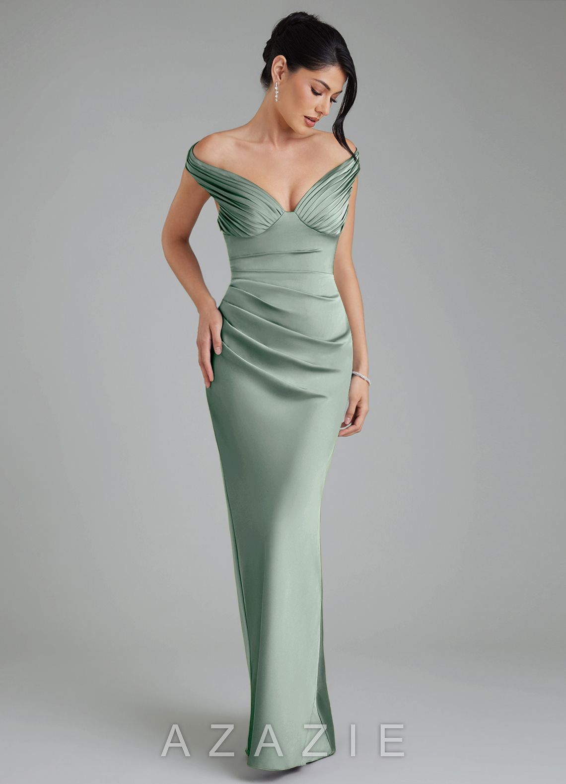 Azazie Stella Agave Sheath Corset Stretch Satin Convertible Dress agave