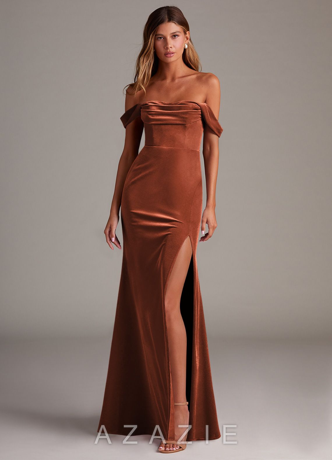 Azazie Saige Terracotta Sheath Off the Shoulder Velvet Convertible Dress terracotta