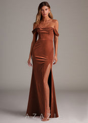 Azazie Saige Terracotta Sheath Off the Shoulder Velvet Convertible Dress terracotta