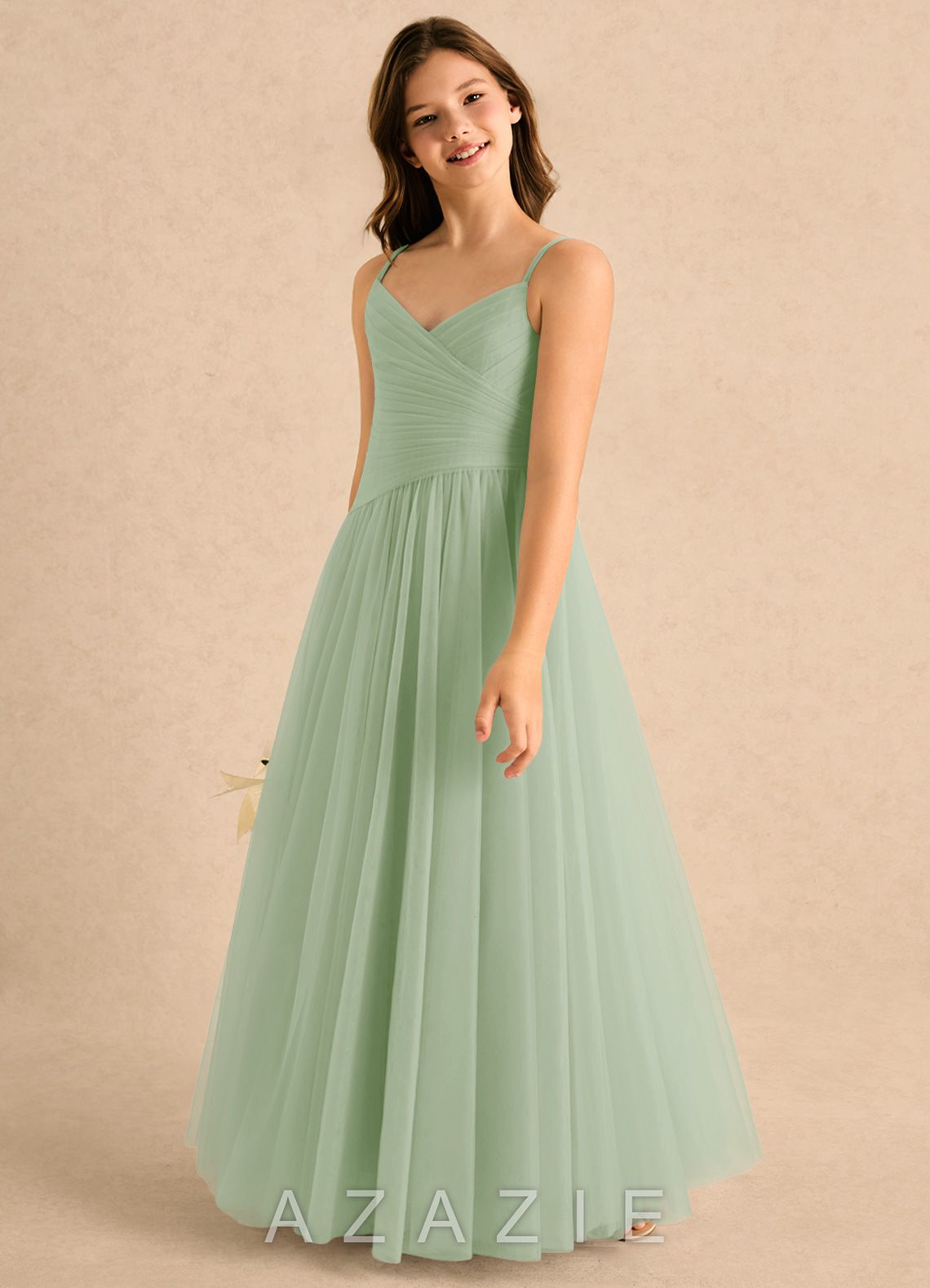 Azazie Poppy Girls Formal Dusty Sage A-Line Pleated Tulle Dress dusty_sage