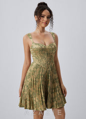 Jade Green Brown Spaghetti Strap Floral Pleated Lace-Up Mini Dress