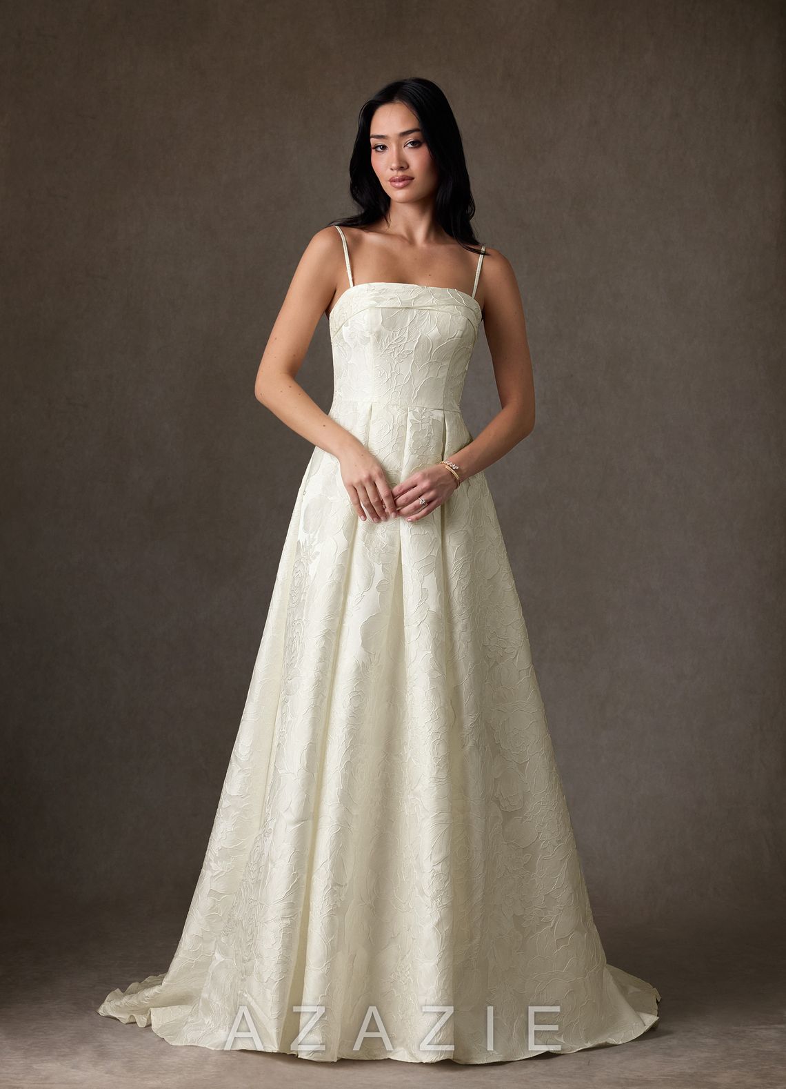 Azazie Desiree Antique White Ball-Gown Strapless Floral Jacquard Dress