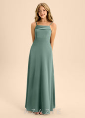 Azazie Anselie Junior Eucalyptus A-Line Off the Shoulder Stretch Satin Dress eucalyptus