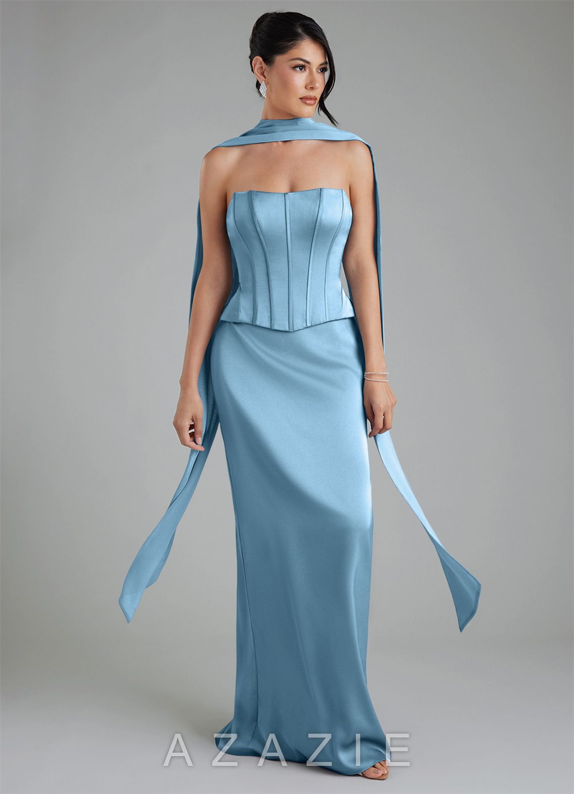 Azazie River Steel Blue Sheath Corset Stretch Satin Convertible Dress steel_blue