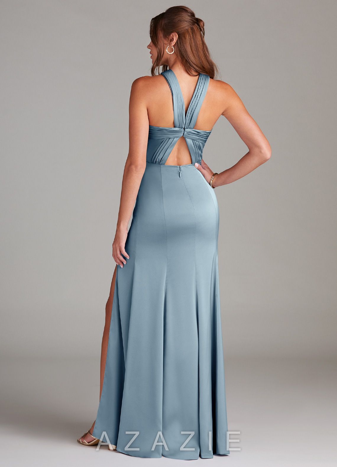 Azazie Rue Dusty Blue Mermaid Pleated Stretch Satin Dress dusty_blue