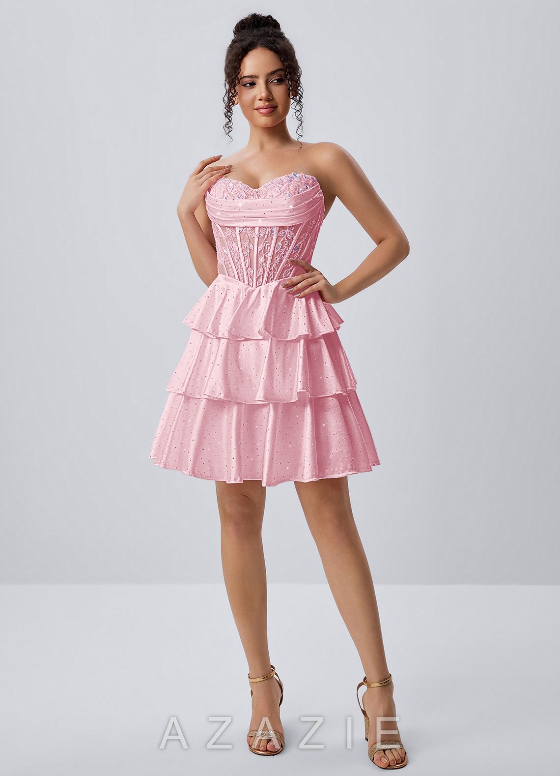 Maude Pink Strapless Floral Lace Corset Tiered Satin Mini Dress