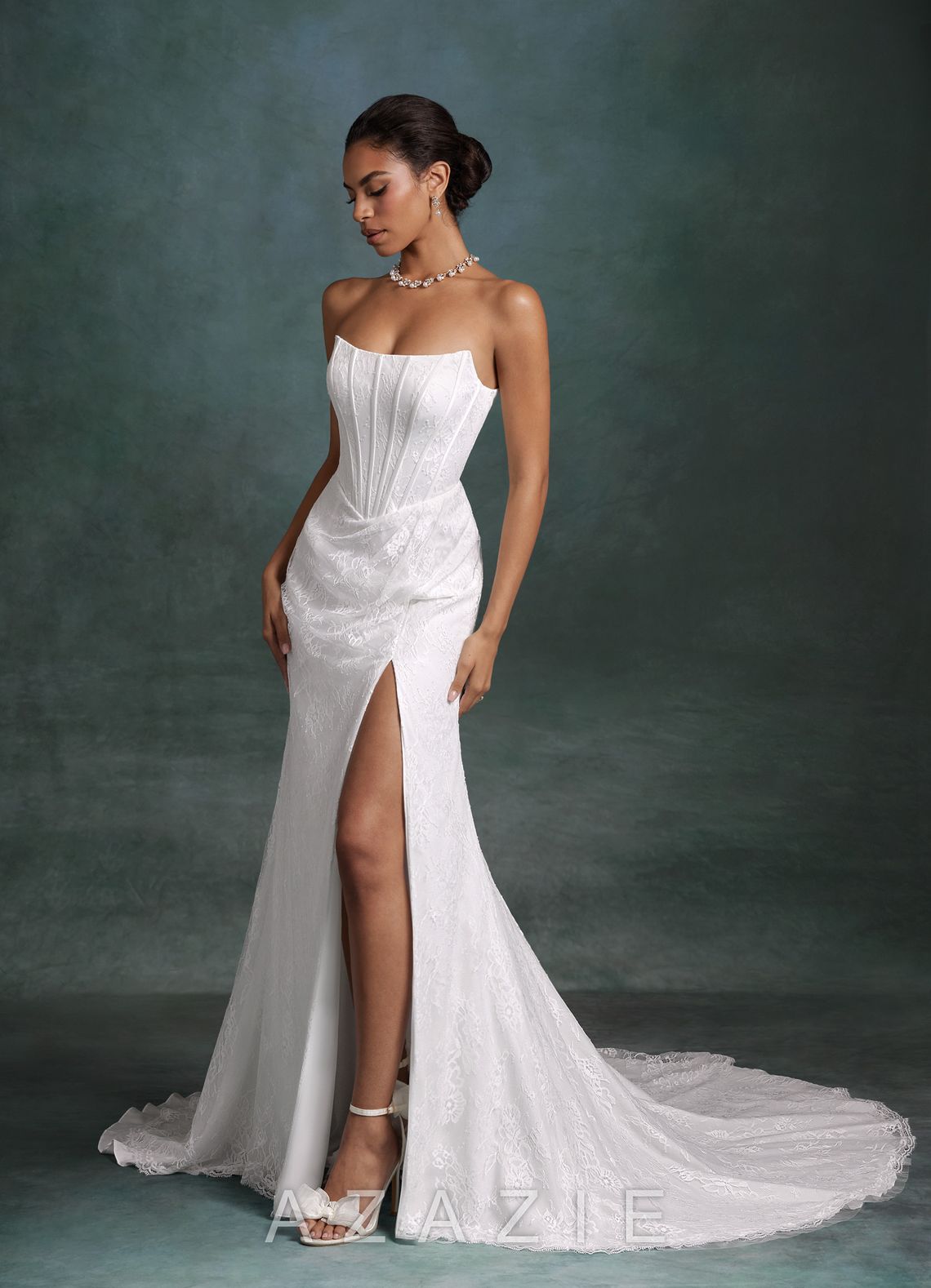 Azazie Zelda Diamond White Mermaid Side Slit Lace Dress diamond_white