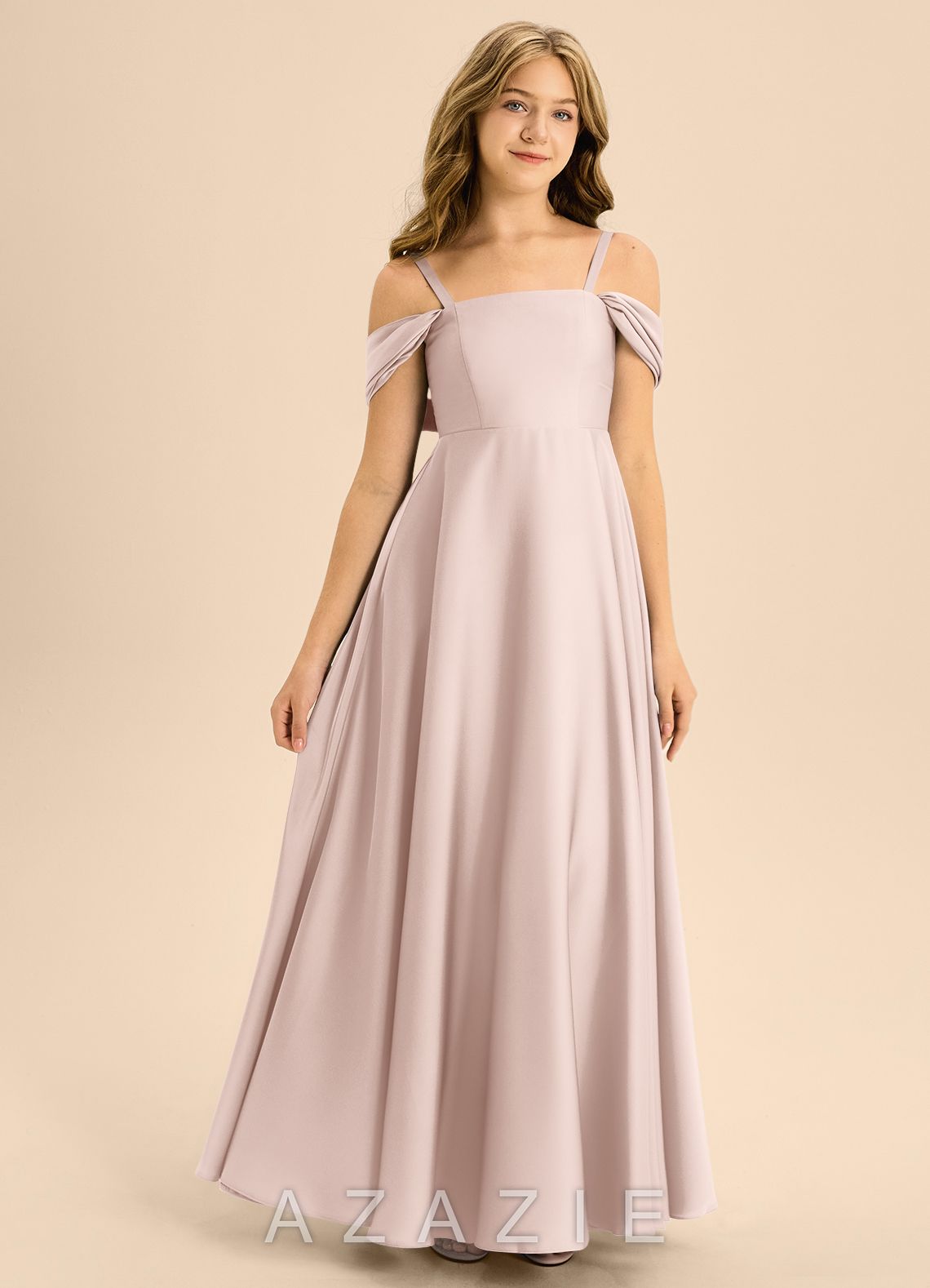 Azazie Rowena Junior Blushing Pink A-Line Bow Stretch Satin Dress blushing_pink