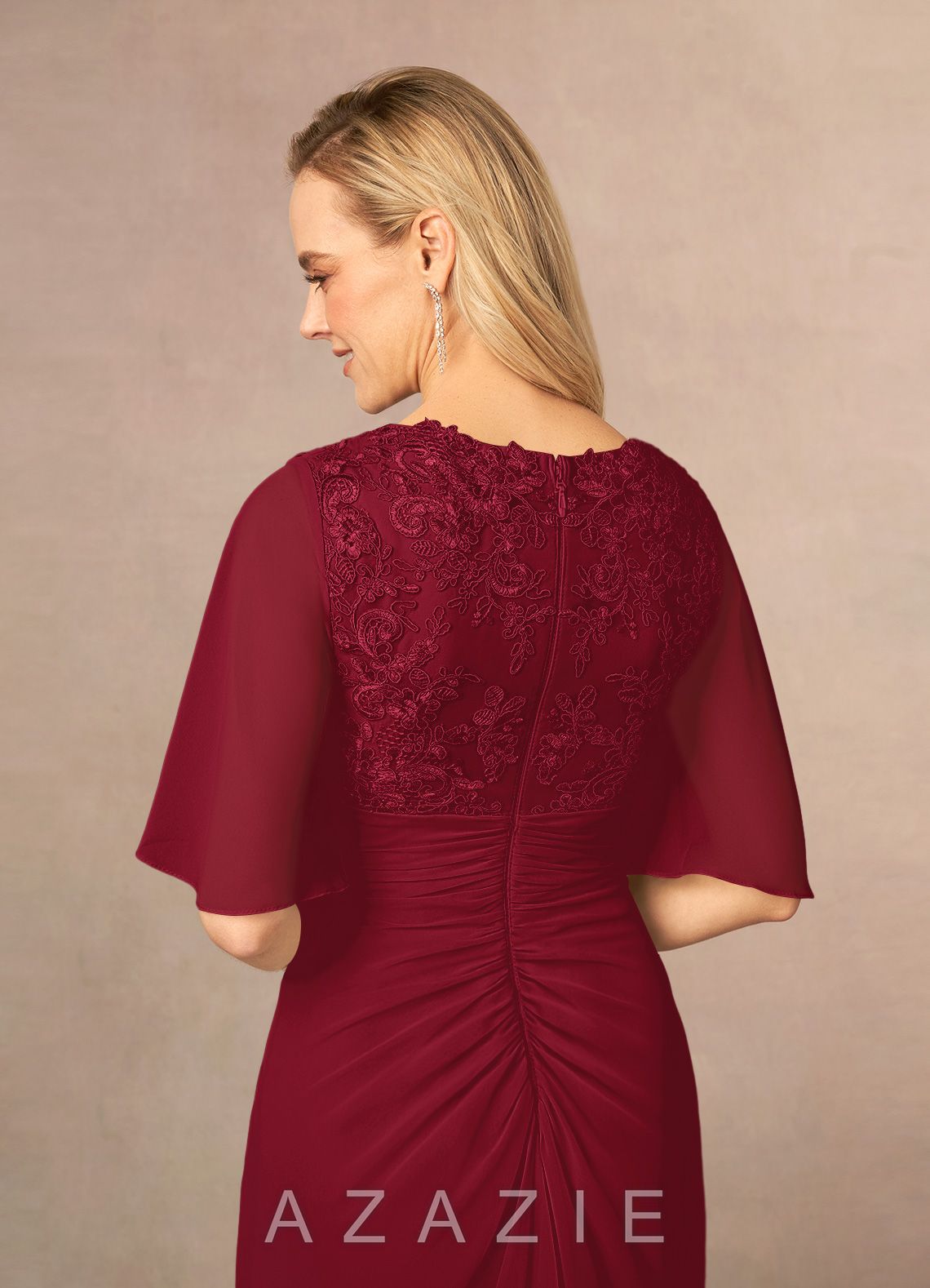 Azazie Carson Burgundy A-Line V-Neck Lace Chiffon Dress burgundy