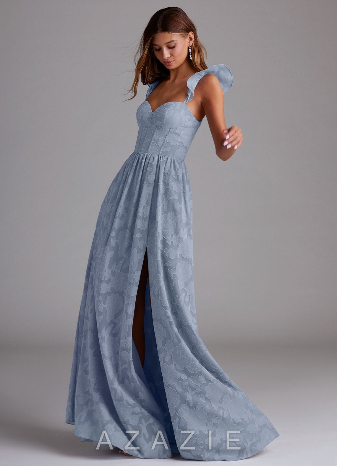 Azazie Denisse Dusty Blue A-Line Ruched Floral Burnout Dress dusty_blue