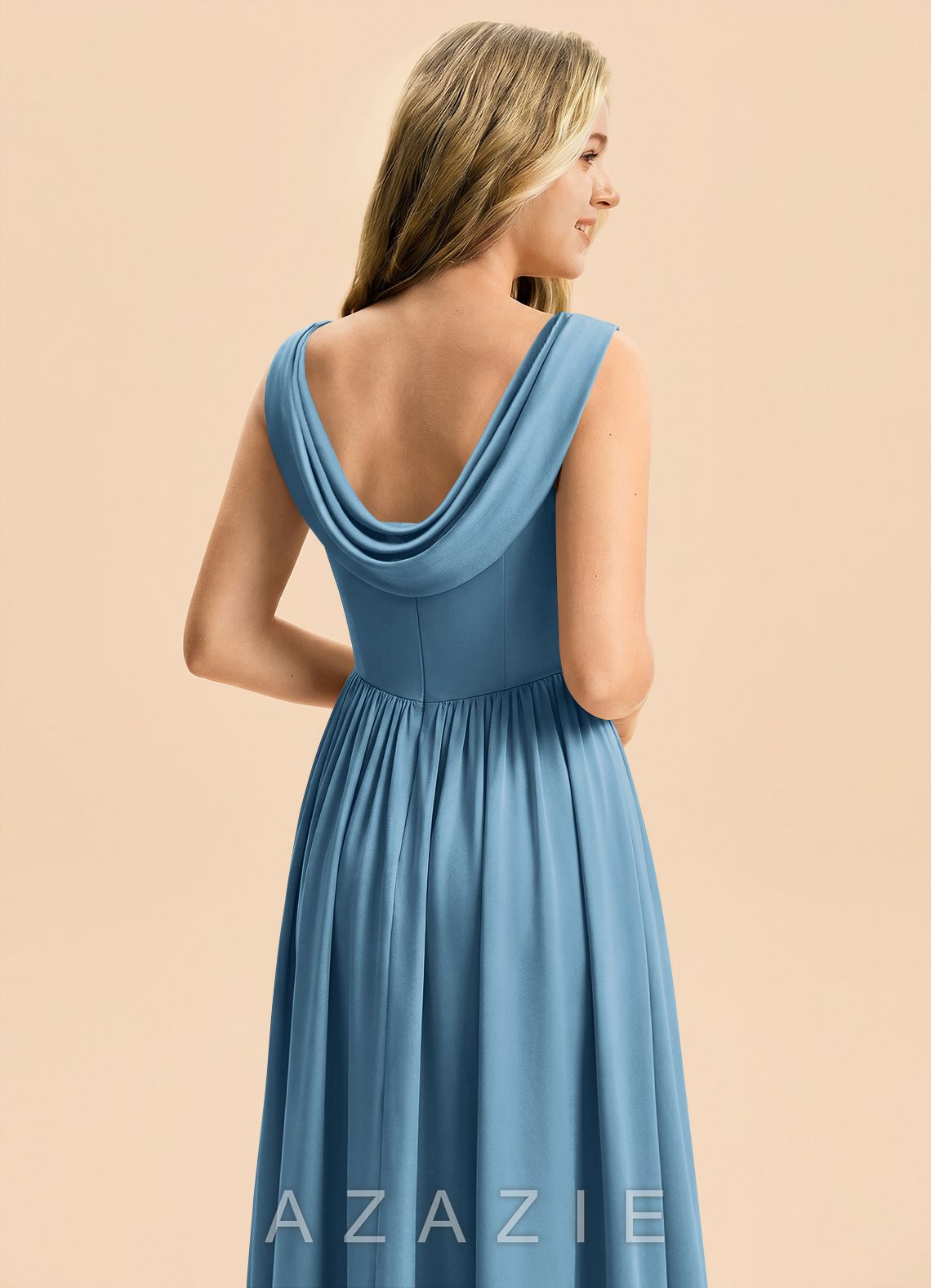Azazie Novi Junior Steel Blue A-Line Pleated Stretch Satin Dress steel_blue
