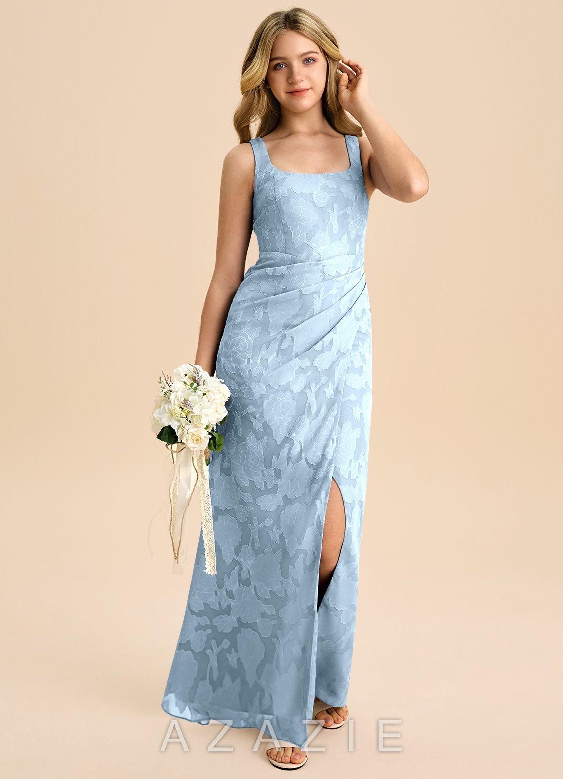 Azazie Mero Junior Sky Blue Sheath Pleated Floral Burnout Dress sky_blue