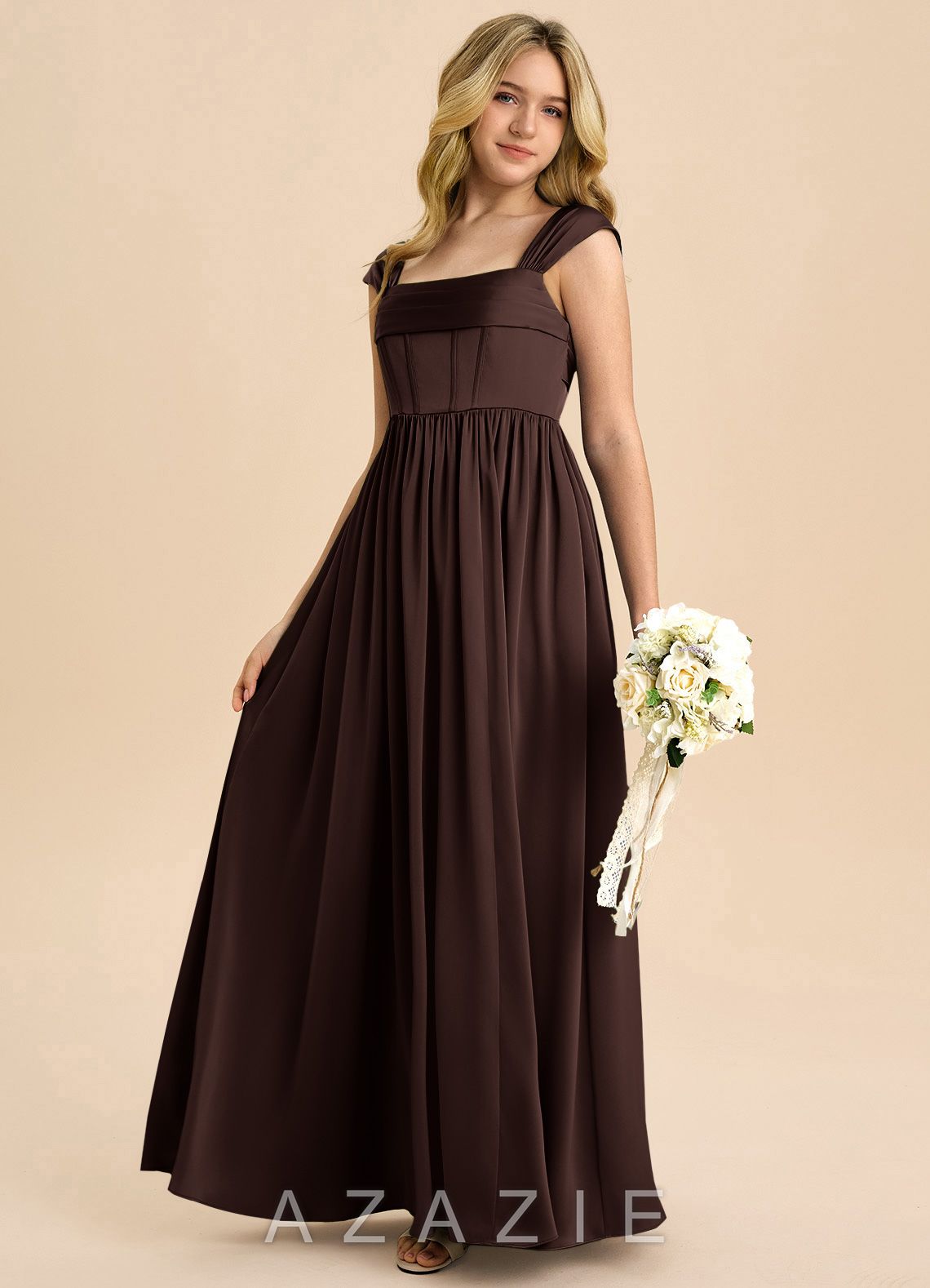 Azazie Hattie Junior Ganache A-Line Pleated Stretch Satin Dress ganache