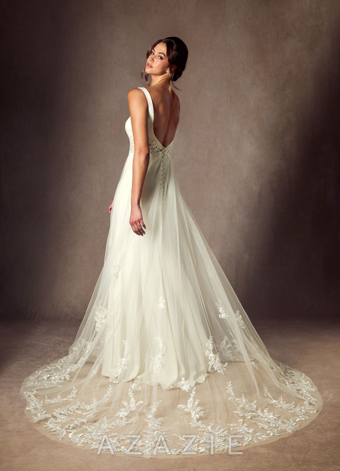 Azazie Ebony Wedding Dress Cream A-Line Sequins Crepe Back Satin Dress cream