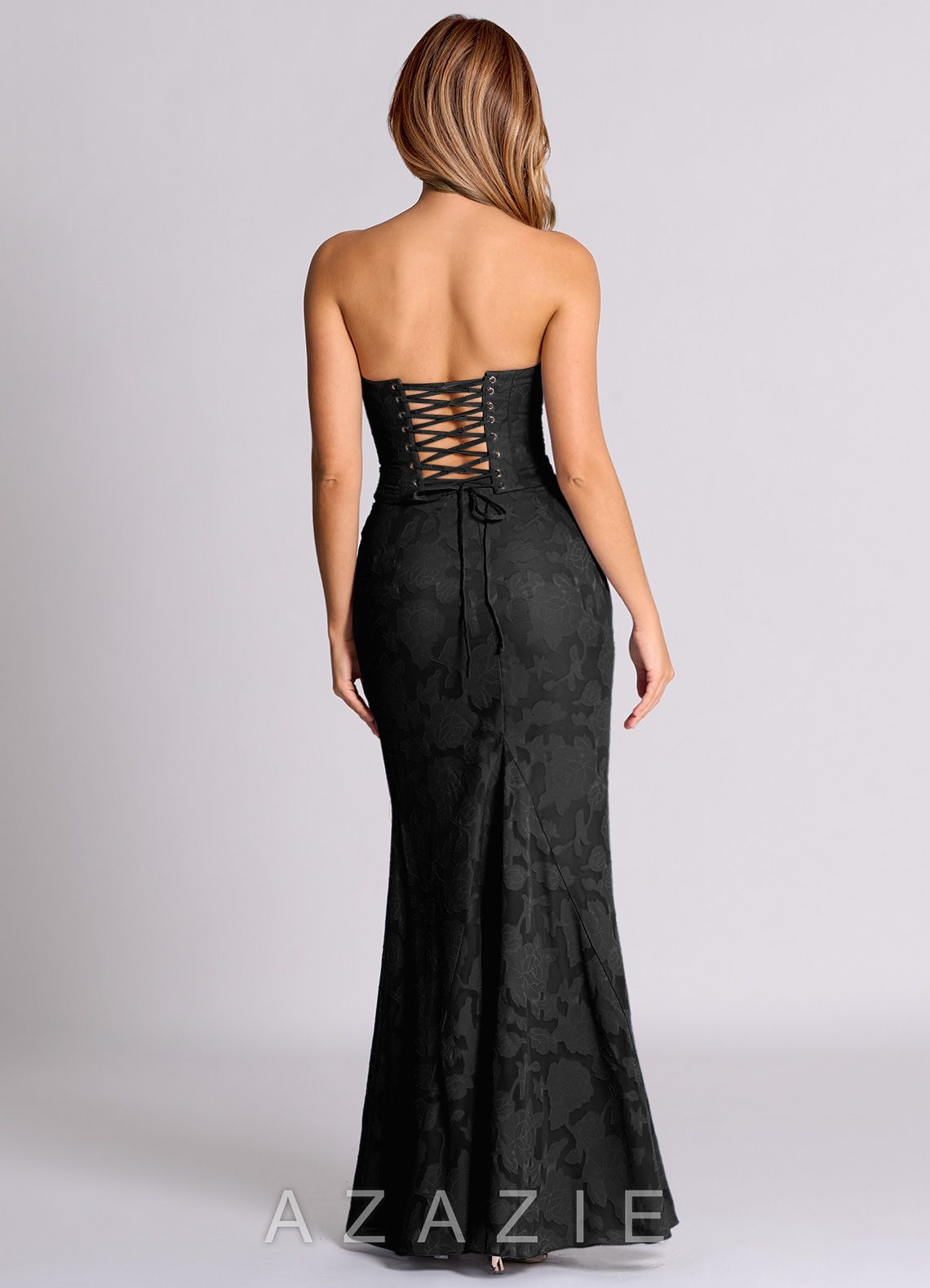 Azazie Sorrel Black Mermaid Corset Floral Burnout Convertible Dress black