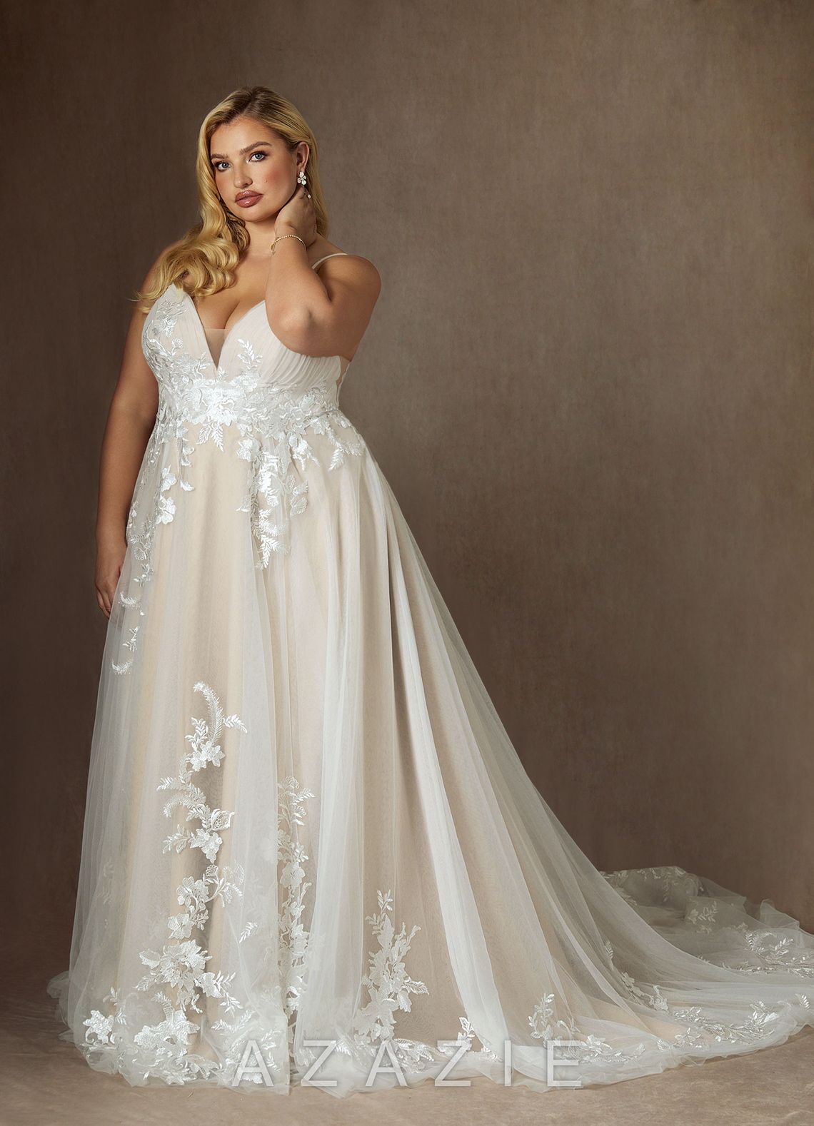 Azazie Rhodes Wedding Dress Diamond White Champagne A-Line V-Neck Sequins Tulle Dress diamond_white/champagne