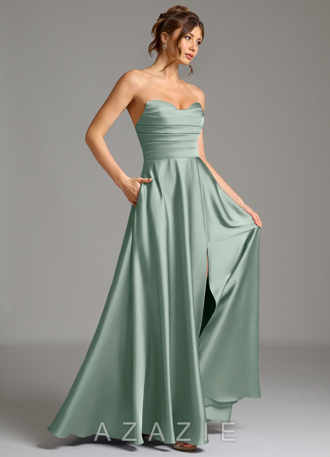 Azazie Ayla Agave A-Line Corset Stretch Satin Dress agave
