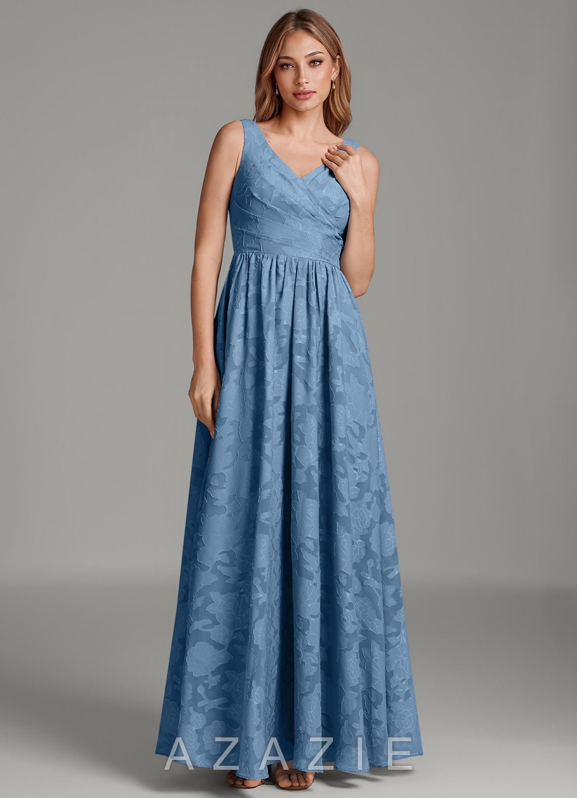 Azazie Keyla Steel Blue A-Line Pleated Floral Burnout Dress steel_blue