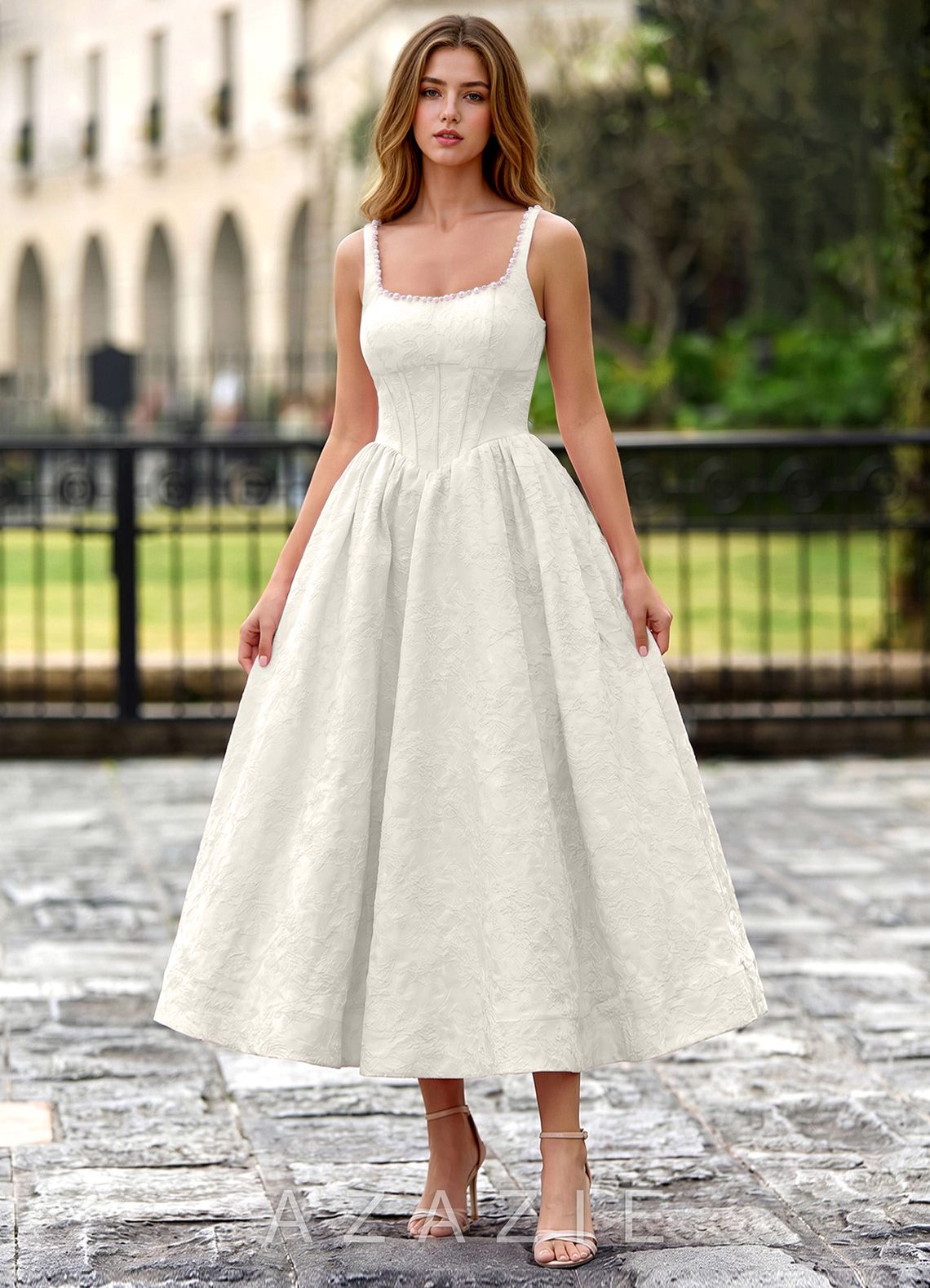 Sephone Cream Beading Rhinestone Jacquard Maxi Dress