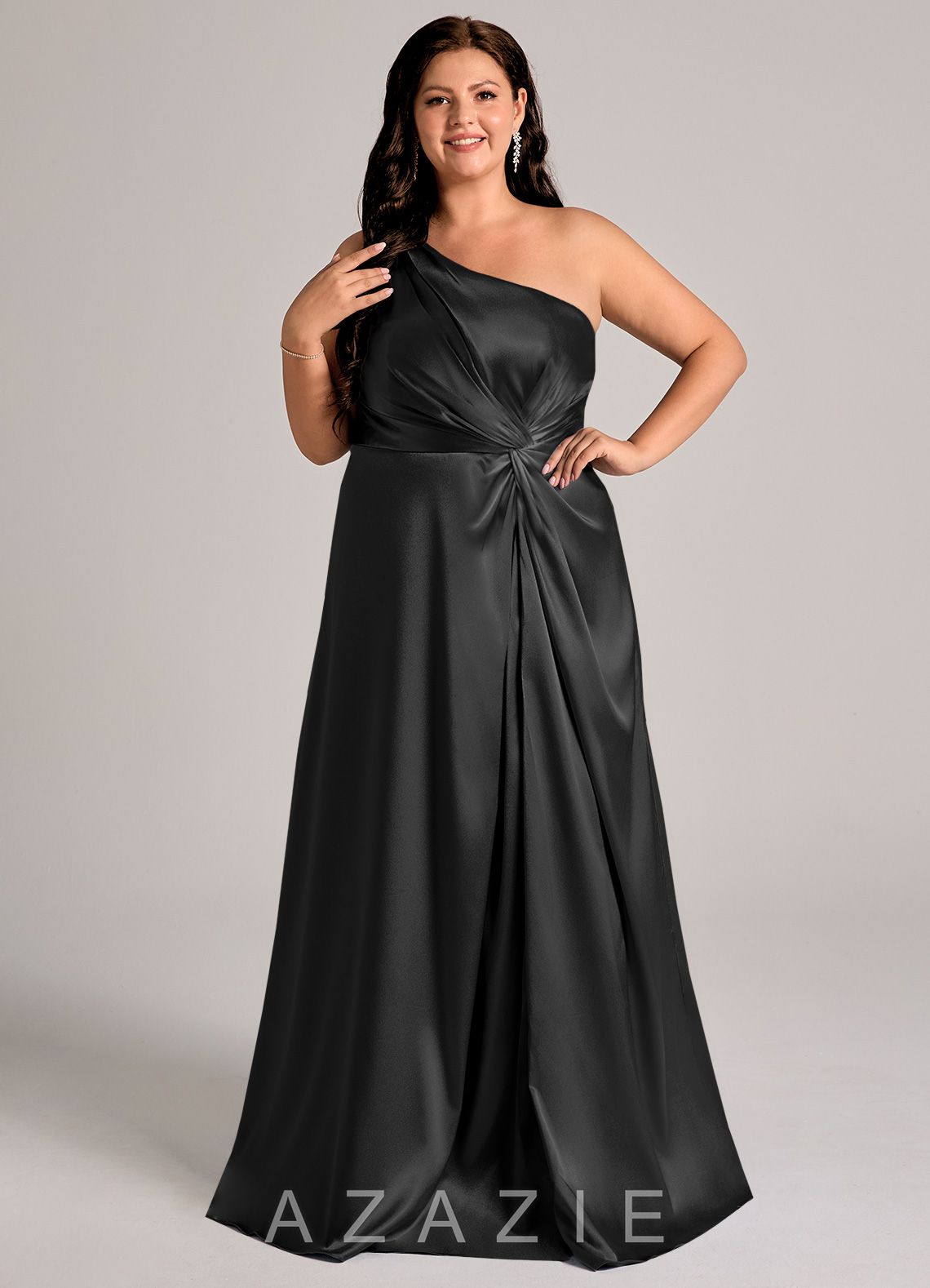 Azazie Brooke Black A-Line One Shoulder Metallic Satin Dress black