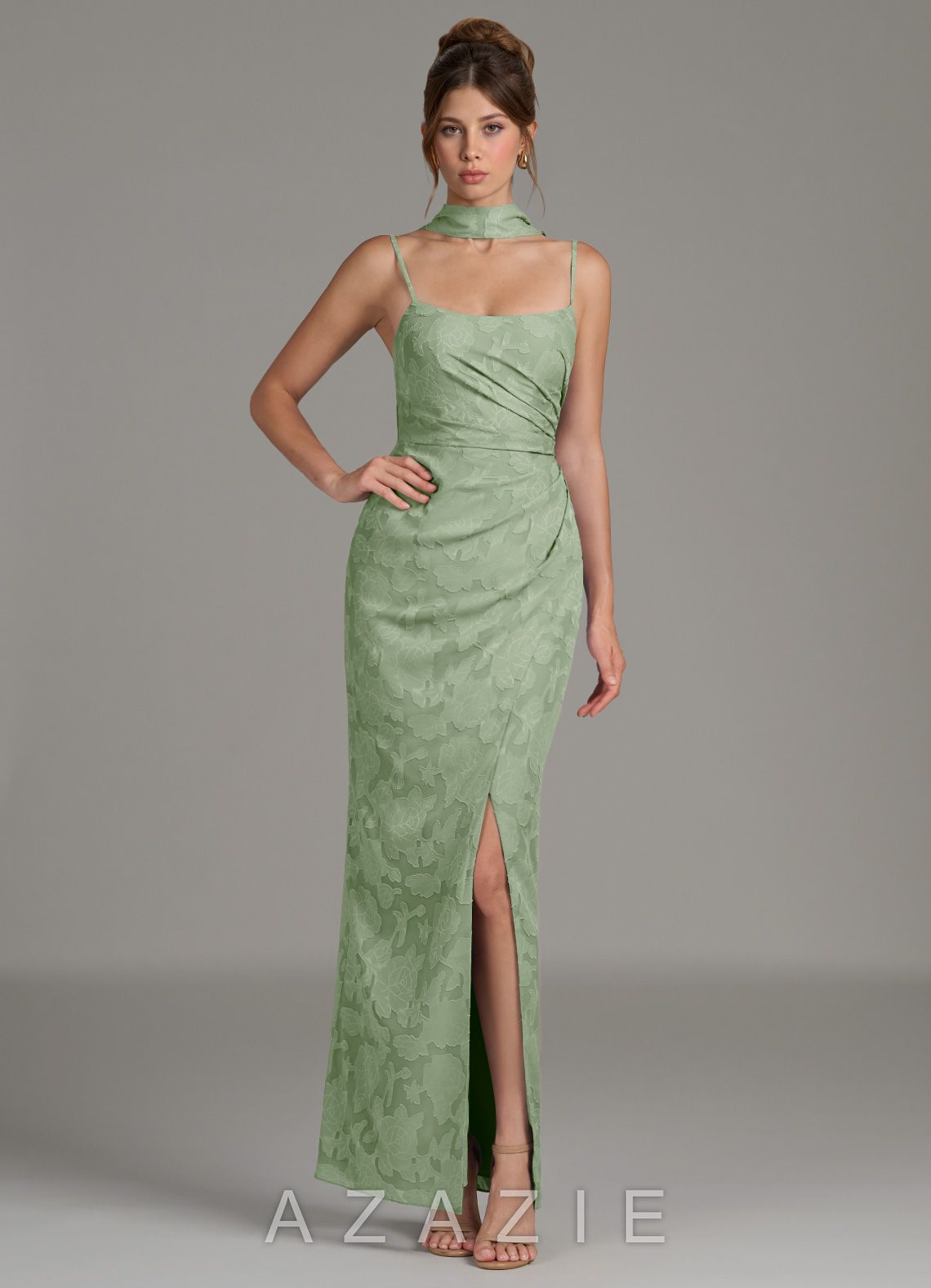 Azazie Calandra Dusty Sage Sheath Pleated Floral Burnout Dress dusty_sage
