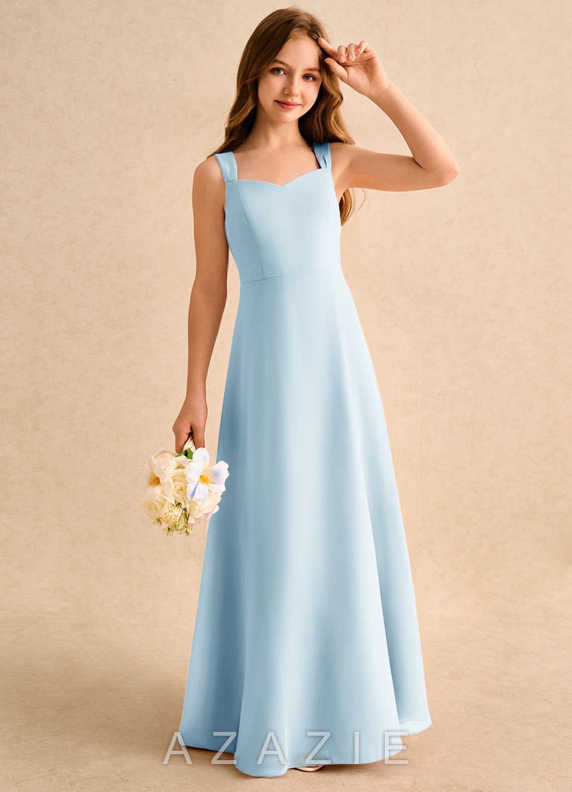 Azazie Makani Girls Formal Sky Blue A-Line Sweetheart Neckline Chiffon Dress sky_blue