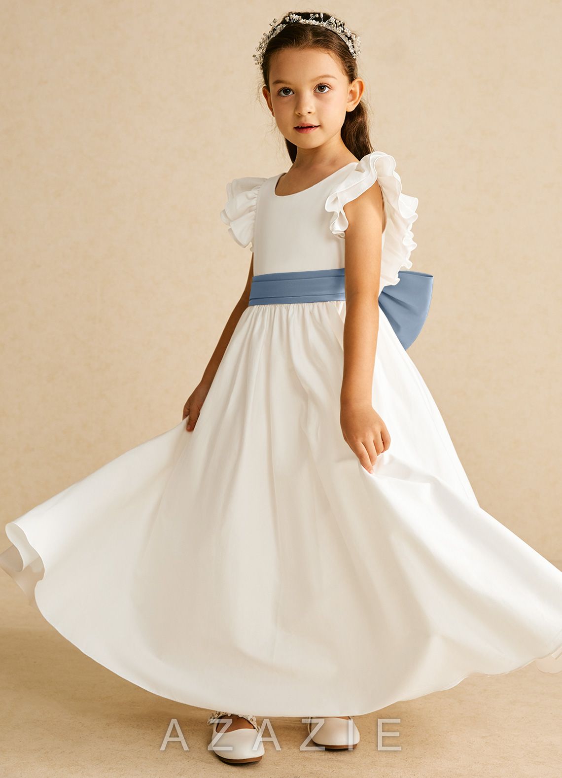 Azazie Aero Ivory Dusty Blue A-Line Pleated Cotton Dress ivory/dusty_blue