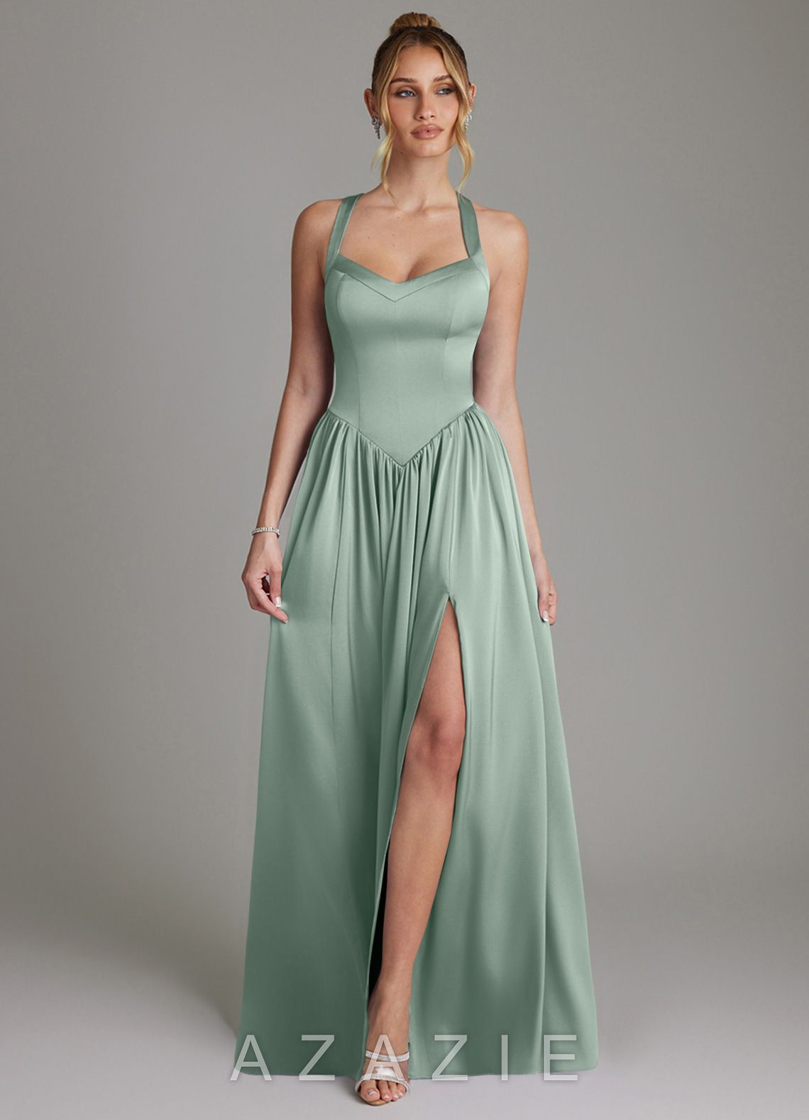 Azazie Francis Agave A-Line Corset Stretch Satin Dress