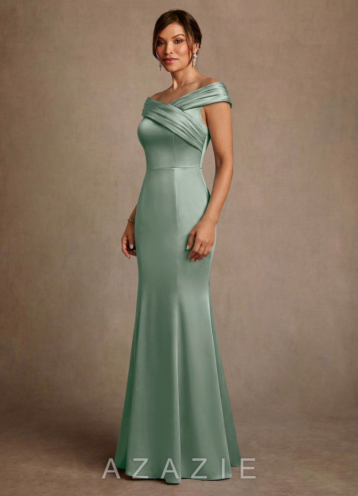 Azazie Aberdeen Agave Sheath Pleated Stretch Satin Dress agave