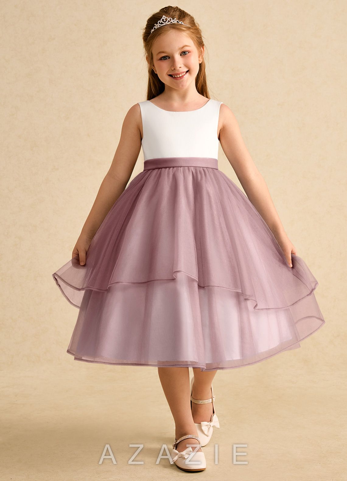Azazie Rene Ivory Dusty Rose A-Line Bow Tulle Dress ivory/dusty_rose