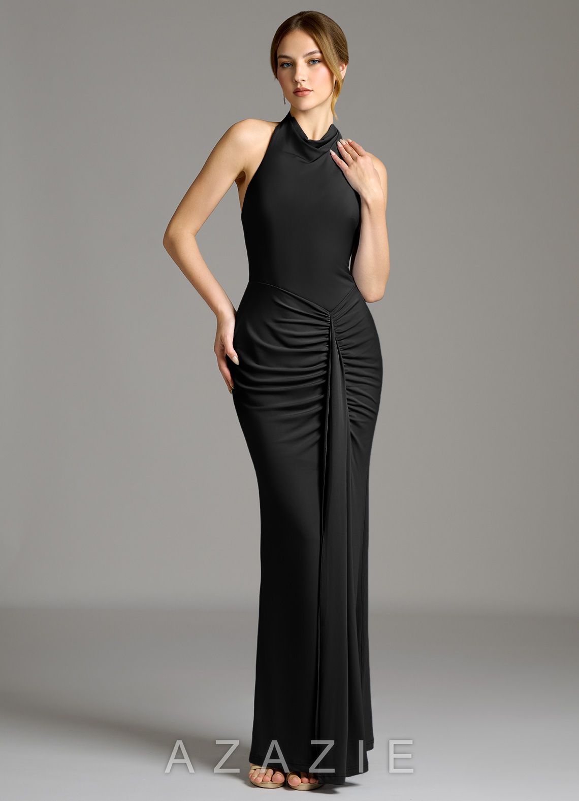 Azazie Raevynn Black Mermaid Pleated Premium Stretch Jersey Dress