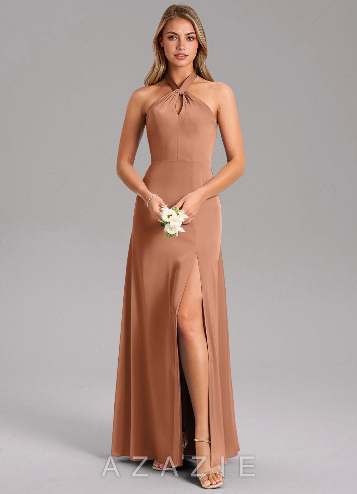 Azazie Tracie Bronzer A-Line Side Slit Stretch Satin Dress