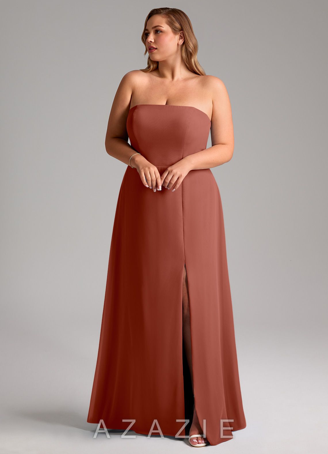 Azazie Wren Auburn A-Line Side Slit Chiffon Convertible Dress auburn