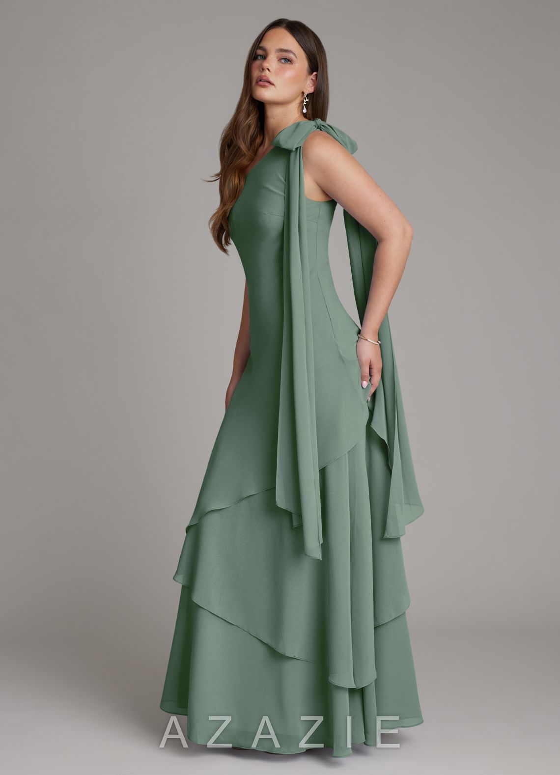 Azazie Monique Eucalyptus A-Line One Shoulder Chiffon Dress eucalyptus