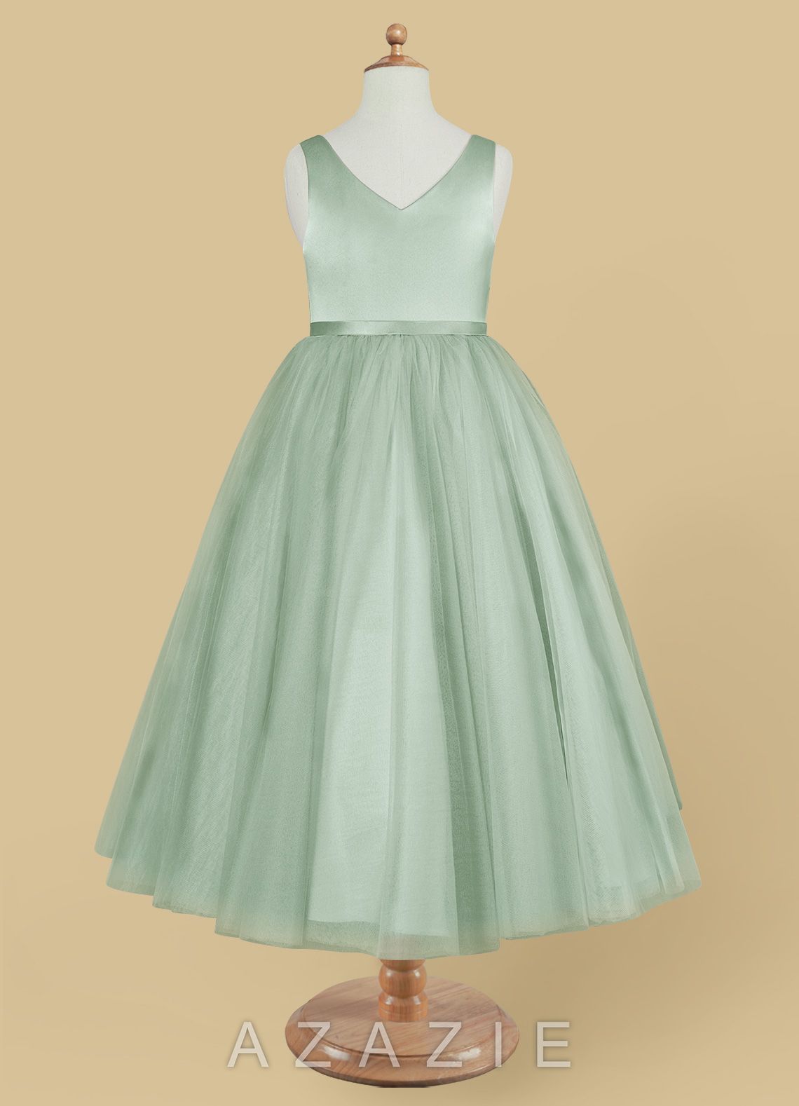 Azazie Marybell Agave A-Line Bow Tulle Dress agave
