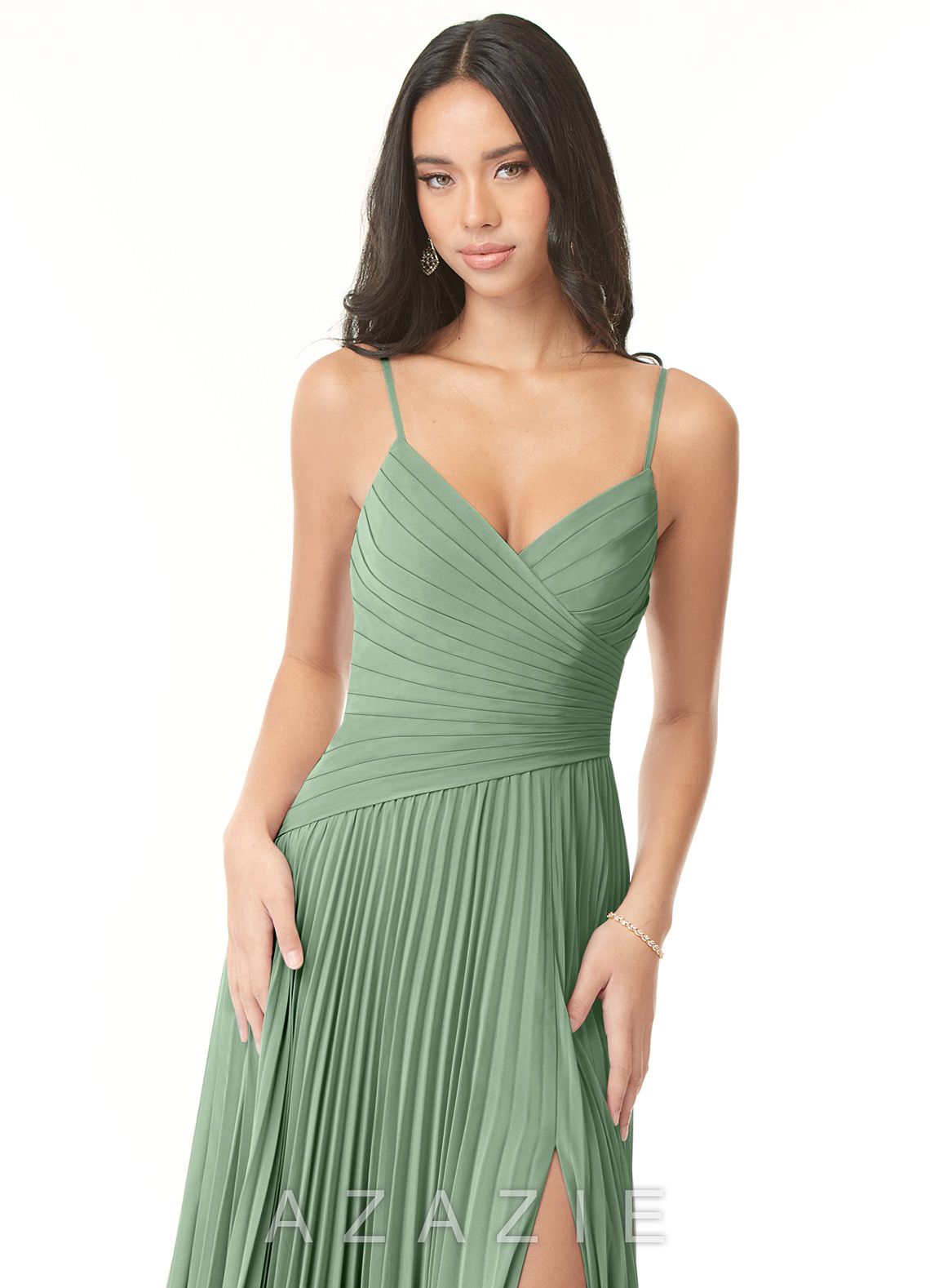 Azazie Vini Matcha A-Line V-Neck Pleated Chiffon Dress matcha