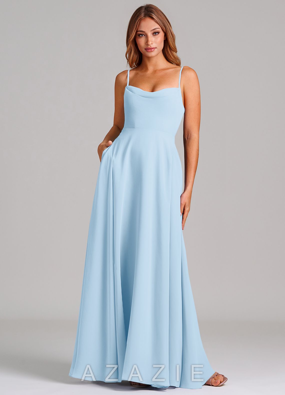Azazie Elle Sky Blue A-Line Pleated Chiffon Dress