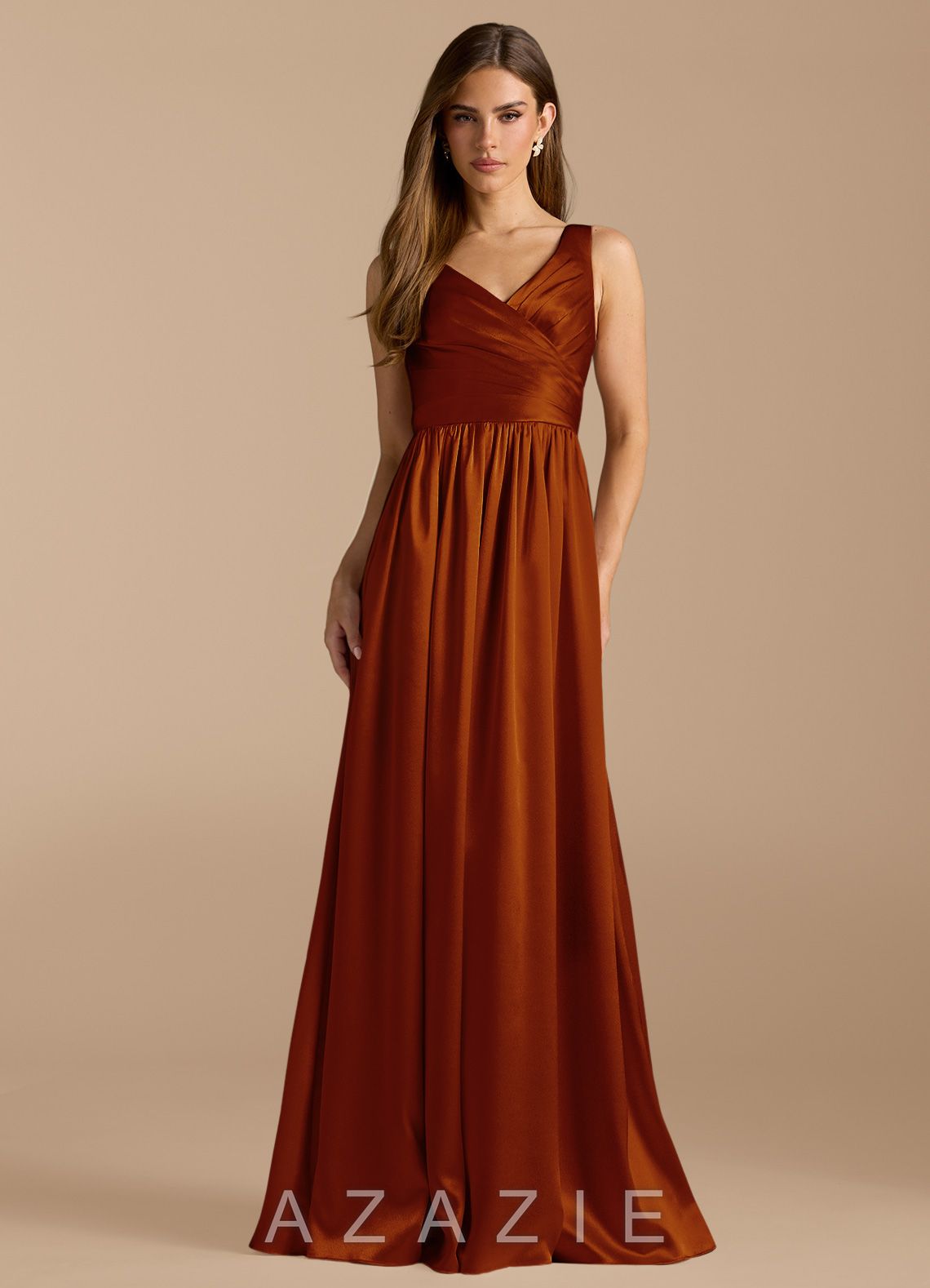 Azazie Keyla Auburn A-Line Pleated Metallic Satin Dress