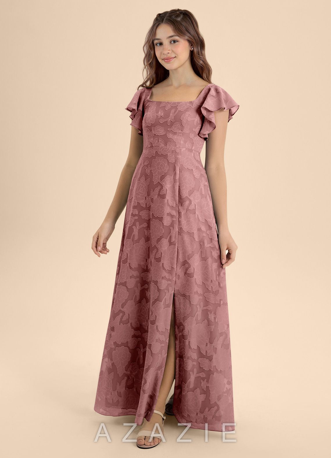 Azazie Bondi Junior Dusty Rose A-Line Bow Floral Burnout Dress