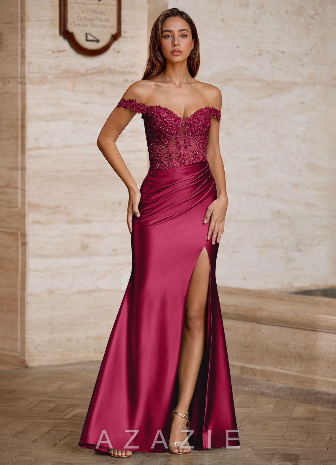 Linange Burgundy Embroidered Appliqué Satin Prom Dress