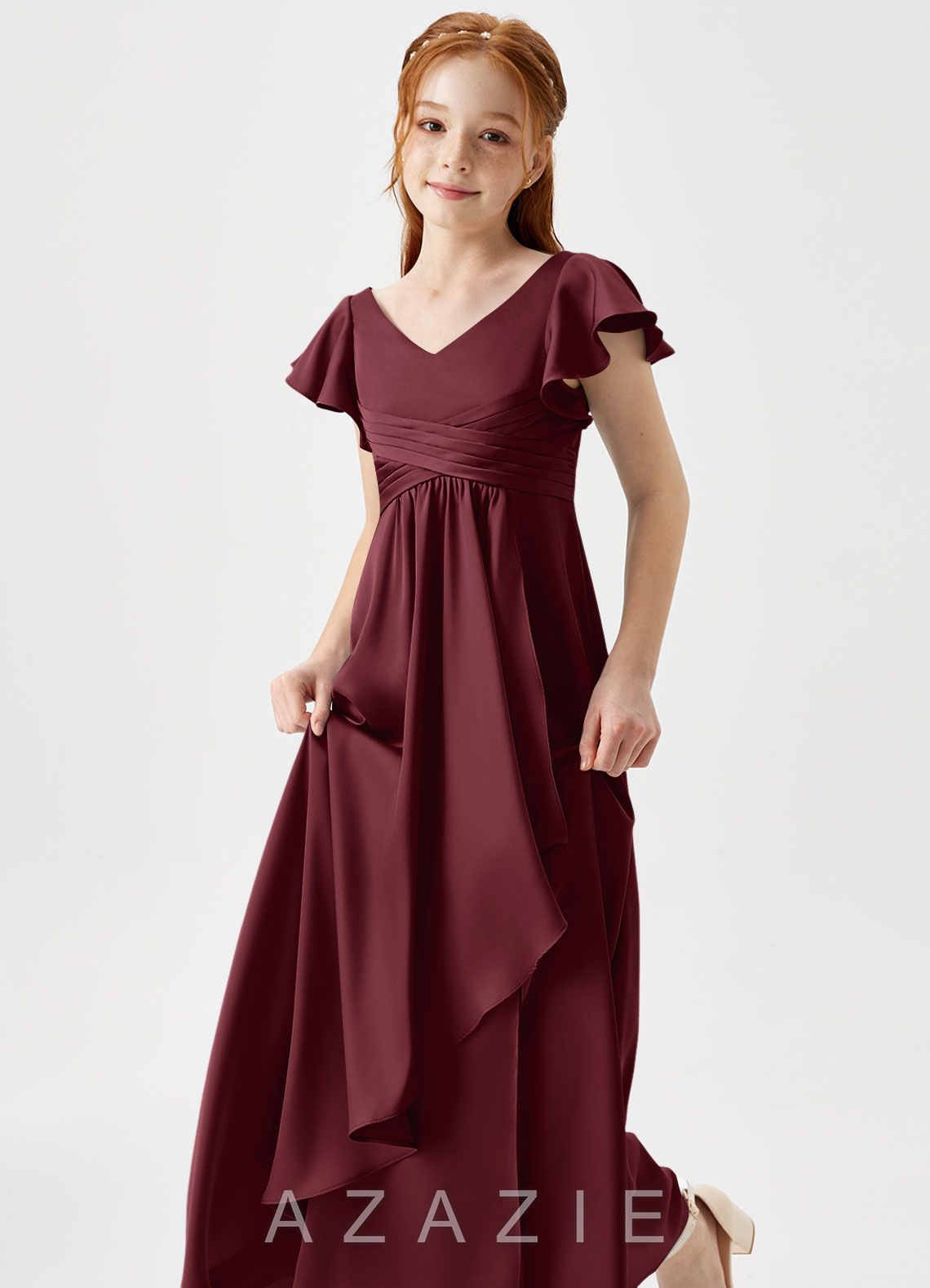 Azazie Omari Junior Cabernet A-Line Pleated Stretch Satin Dress